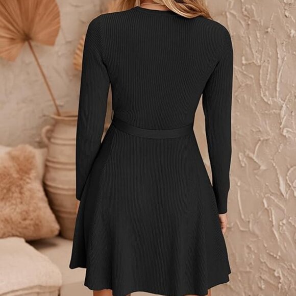 Women's Fall Winter Casual Dress Crewneck Long Sleeve A-Line Sweater Dress - Picture 5 of 5